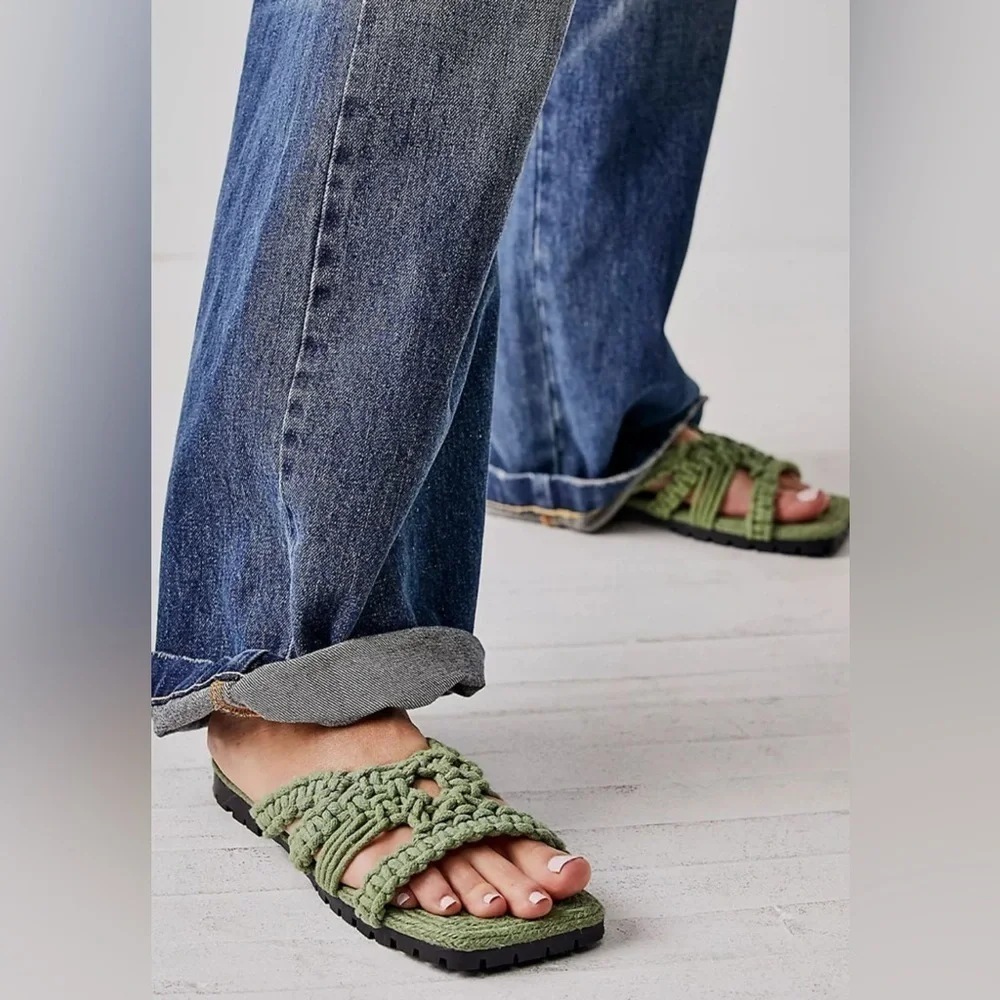 Free People Sandri Macrame Sandals in Olive Green Womens EU 37.5/ US 7